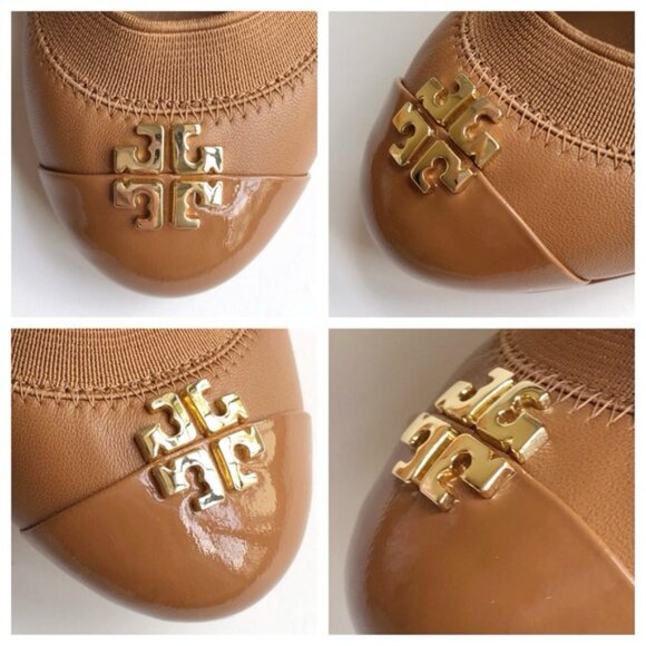 TORY BURCH Jolie Beige Patent Leather Cap-toe Gold Logo Ballet Flats Sz 6.5 M - Picture 4 of 14